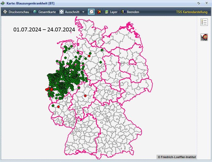 BTV-3 Verbreitung in Deutschland vom 01.07. - 24.07., Quelle: https://tsis.fli.de/