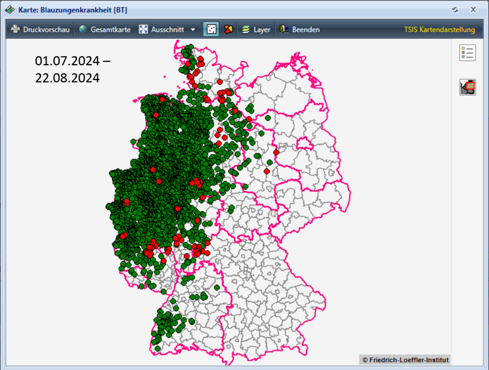 BTV-3 Verbreitung in Deutschland vom 01.07. - 22.08., Quelle: https://tsis.fli.de/